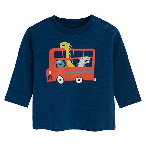Blue long sleeve blouse with a bus with dinosaurs print