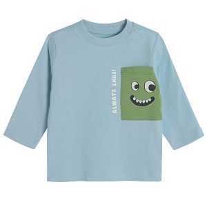 Blue long sleeve T-shirt with dog print on the chest pocket