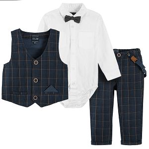 Set white bodysuit with bow tie checked blue vest and pants