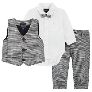 Set white bodysuit with bow tie checked brown vest and pants