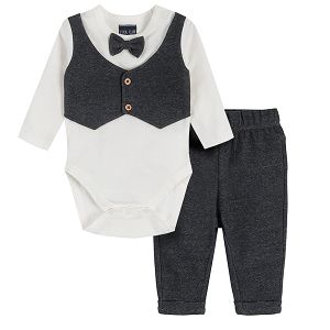 White and grey set white and grey bodysuit with bow tie and grey pants