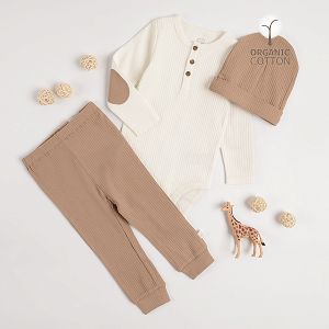 White bodysuit light brown footless pants and beanie set
