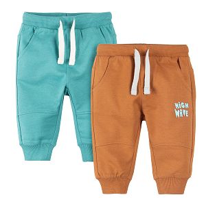 Turquoise and brown jogging pants with adjustable waist and elastic band around the ankles - 2 pack