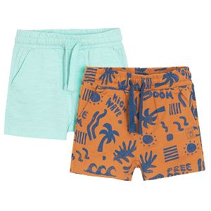 Turquoise and brown with summer prints shorts with adjustable waist