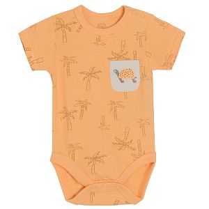 Orange short sleeve bodysuit with chest pocket and palm trees print