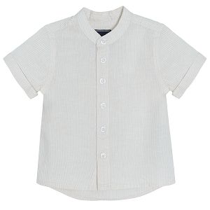 Light beige short sleeve button down shirt with mao colar