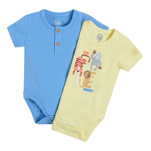 Yellow with wild animals and blue short sleeve bodysuits- 2 pack