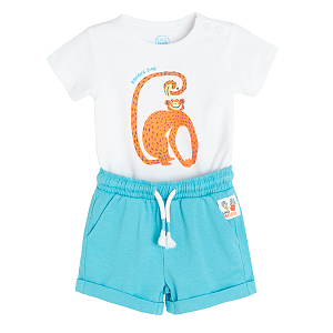 White short sleeve bodysuit with monkey print and ligh blue shorts- 2 pieces