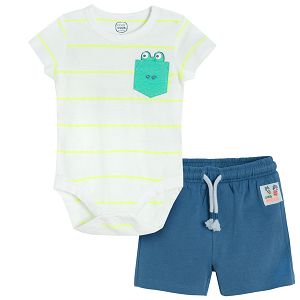 Striped short sleeve bodysuit with crocodile in the chest pocket and blue shorts with adjustable waist set