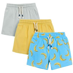 Grey yellow blue with bananas print shorts with adjustable waist