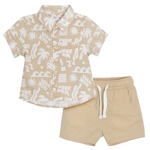 Beige short sleeve button down shirt with palm trees and shorts with adjustable waist