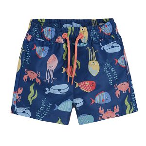 Navy blue swimming shorts with sea fish print