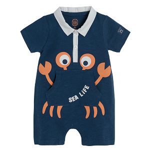 Navy blue romper with cute monster polo colar and pockets