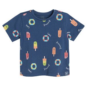 Navy blue short sleeve T-shirt with summer theme print
