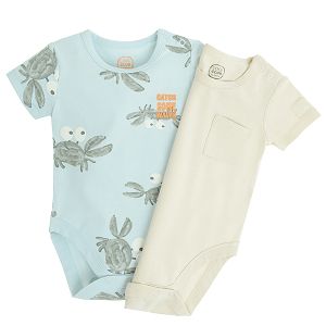 Blue with crab print and beige short sleeve bodysuits- 2 pack