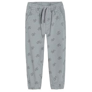 Grey trousers with adjustable waist