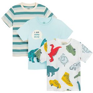 Mint green stripes and white with dinosaurs and cars print short sleeve T-shirt- 3 pack