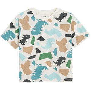 White short sleeve T-shirt with dinosaurs and shapes print