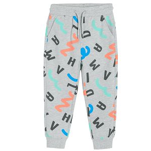 Grey melange jogging pants with lines and letters print and adjustable waist