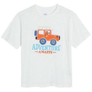 Cream short sleeve T-shirt with truck and ADVENTURE awaits print