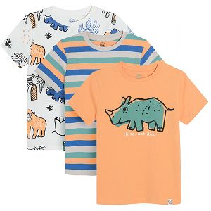 White with animals orange and mix color stripes short sleeve T-shirts - 3 pack