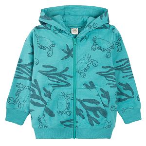 Turquoise zip through hooded sweatshirt with sea print