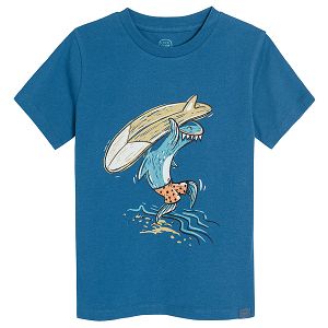Navy blue short sleeve T-shirt with shark surfing print