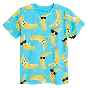 Blue short sleeve T-shirt with bananas wearing glasses print