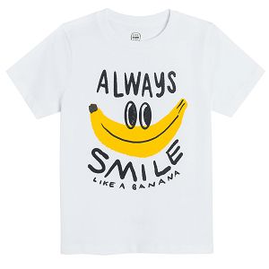White short sleeve T-shirt with banana and Always smile like a banana print