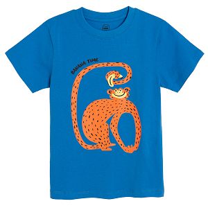 Navy blue short sleeve T-shirt with monkey and banana print