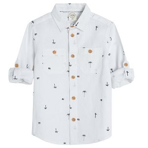 White long sleeve button down shirt with small palm trees print sleeves roll up to button