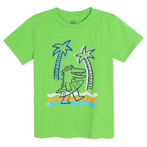 Purple short sleeve T-shirt with crocodile surfing print