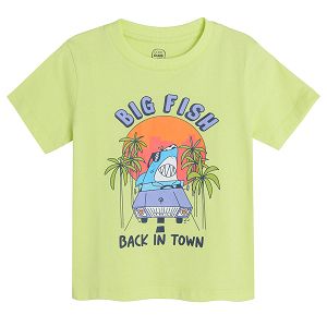 Lime short sleeve T-shirt with shark on car BIG FISH BACK IN TOWN print