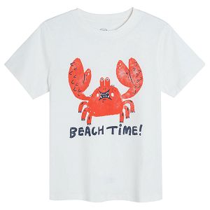 White short sleeve T-shirt with crab BEACH TIME print