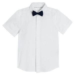 White short sleeve button down shirt with bow tie