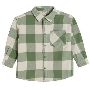 Green and white check long sleeve button down shirt
