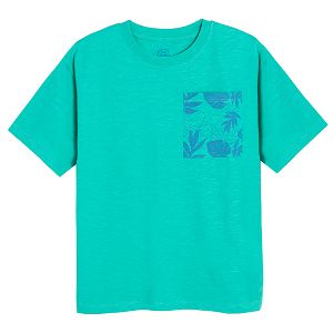 Turquoise short sleeve T-shirt with tropical leaves print on chest pocket