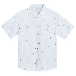 White short sleeve button down shirt with colar and chest pocket