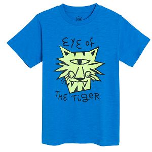 Blue short sleeve T-shirt with yellow tiger EYE OF THE TIGER print