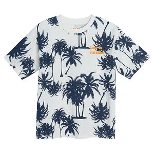 White short sleeve T-shirt with blue palm trees print
