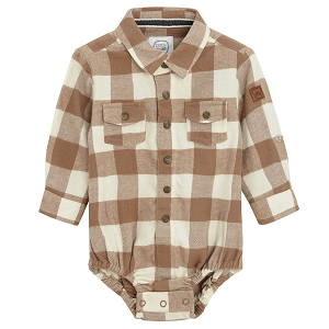 Brown checked button down long sleeve bodysuit