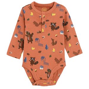 Brown long sleeve bodysuit with forest theme print