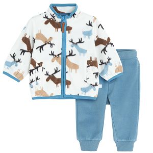 Fleece zip through jacket with deers print and blue jogging pants