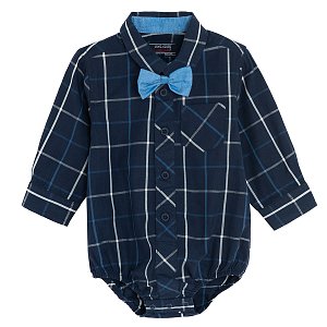 Blue checked long sleeve button down bodysuit with a bow