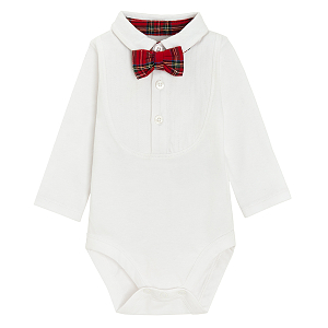 White long sleeve bodysuit with buttons and checked bow tie