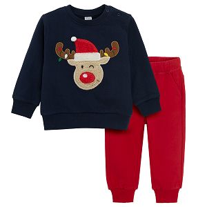 Jogging set, blue Santa raindeer sweater and red jogging pants