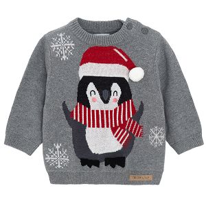Grey sweater with penguin Santa print