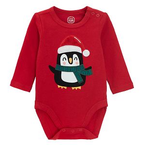 Red long sleeve bodysuit with penguin and Santa Claus hat