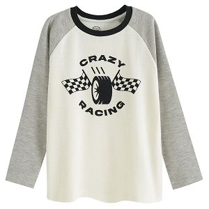 White with grey long sleeves blouse with 'Crazy racing' print
