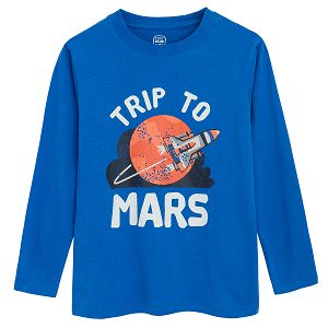 Blue long sleeve blouse with 'Trip to Mars' print